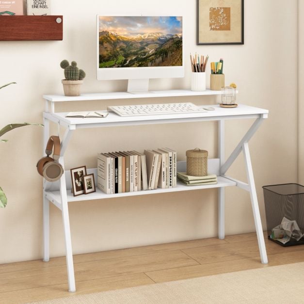 Space Saving Computer Desk with Monitor Stand and Extra Storage Shelf-White