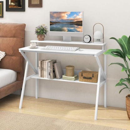 Space Saving Computer Desk with Monitor Stand and Extra Storage Shelf-White