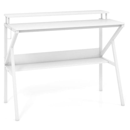 Space Saving Computer Desk with Monitor Stand and Extra Storage Shelf-White