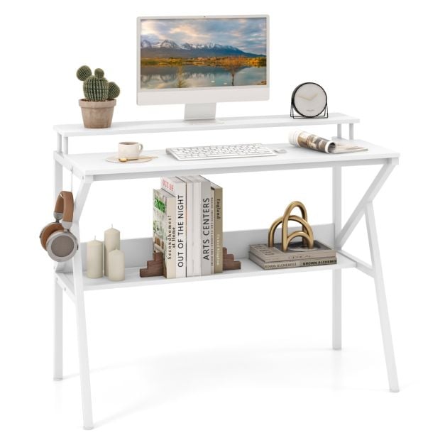 Space Saving Computer Desk with Monitor Stand and Extra Storage Shelf-White