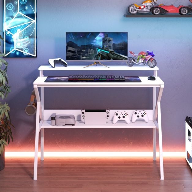 Space Saving Computer Desk with Monitor Stand and Extra Storage Shelf-White