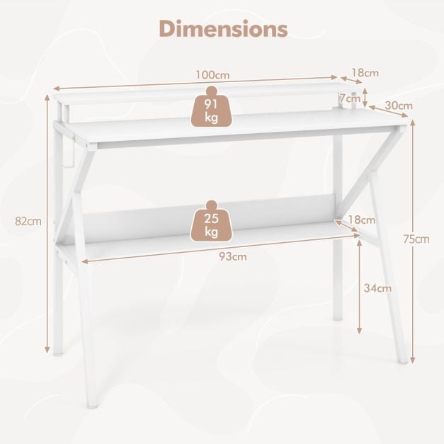 Space Saving Computer Desk with Monitor Stand and Extra Storage Shelf-White