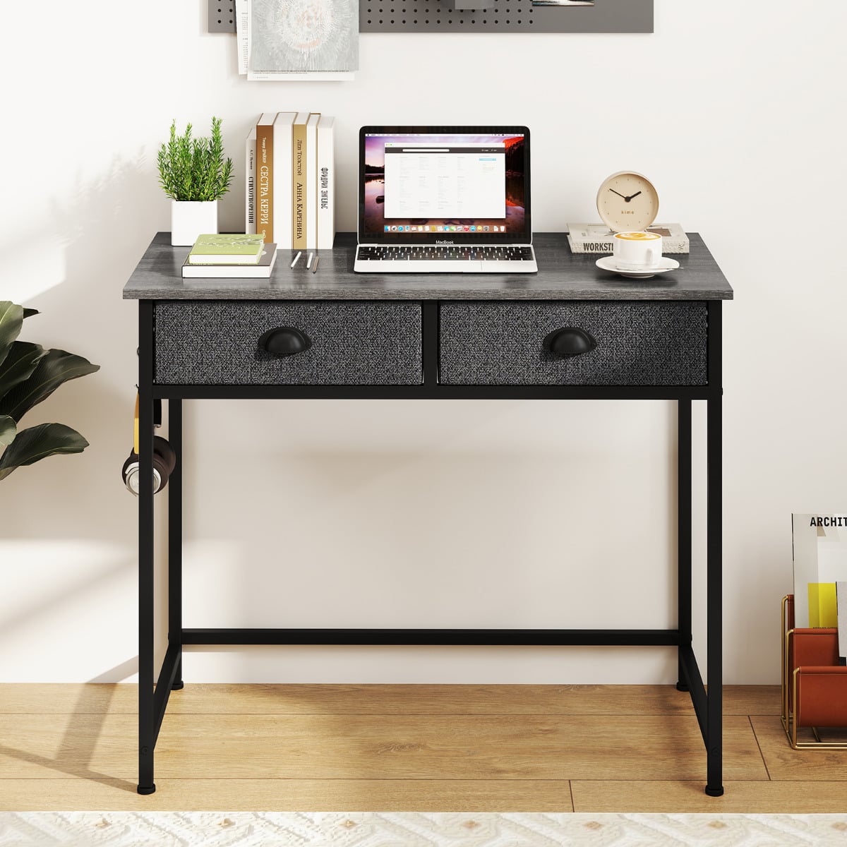 Space Saving Computer Desk with 2 Fabric Drawers-Grey