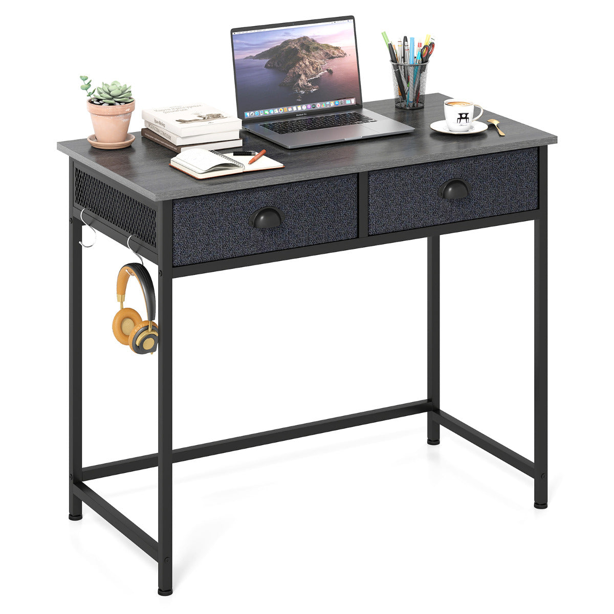 Space Saving Computer Desk with 2 Fabric Drawers-Grey