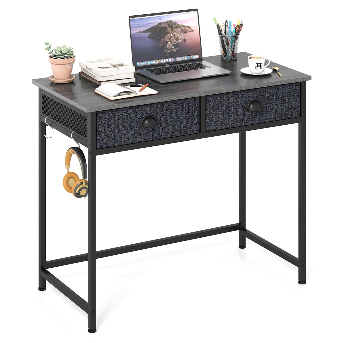 Space Saving Computer Desk with 2 Fabric Drawers-Grey