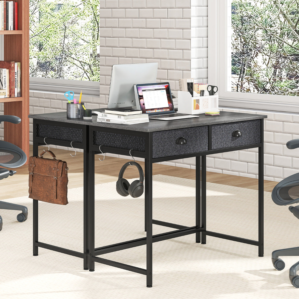 Space Saving Computer Desk with 2 Fabric Drawers-Grey
