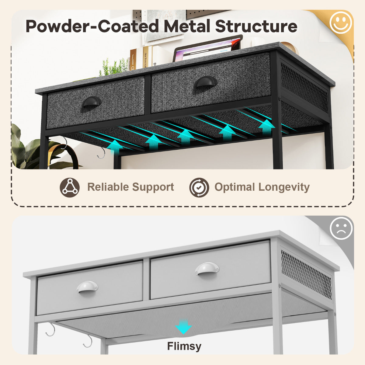 Space Saving Computer Desk with 2 Fabric Drawers-Grey