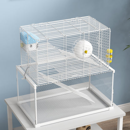 PawHut Gerbil Cage, Dwarf Hamster Cage w/ Deep Glass Bottom, Ramps Platforms Hut Exercise Wheel Water Bottle - White