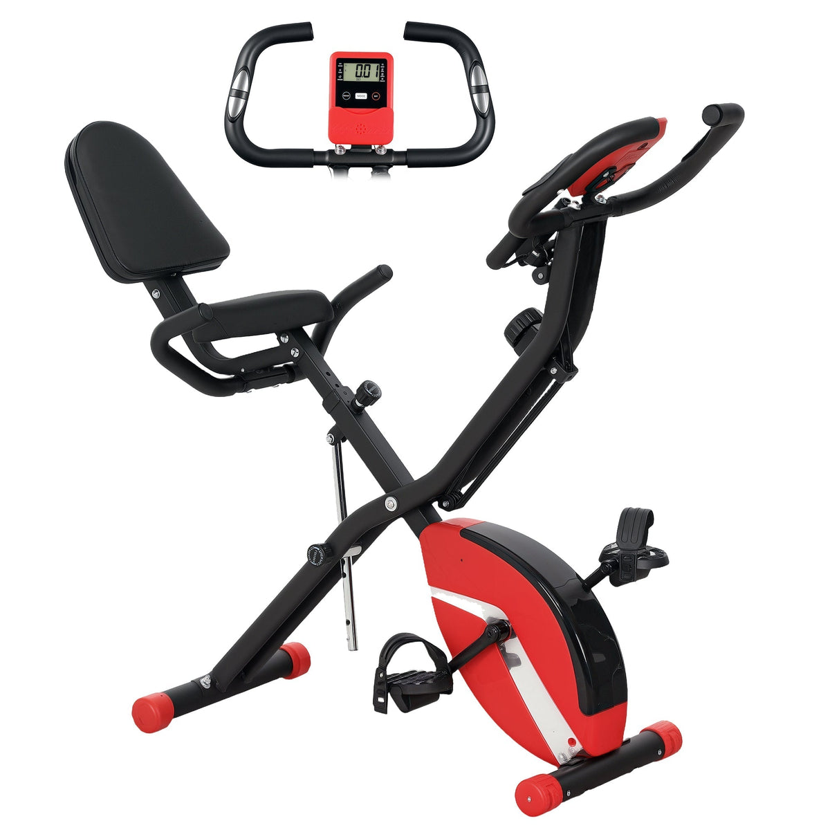 SPORTNOW Five-in-one Foldable Exercise Bike, Stationary Bike with Arm Workout Bands, LDC Monitor, Phone Holder, Red