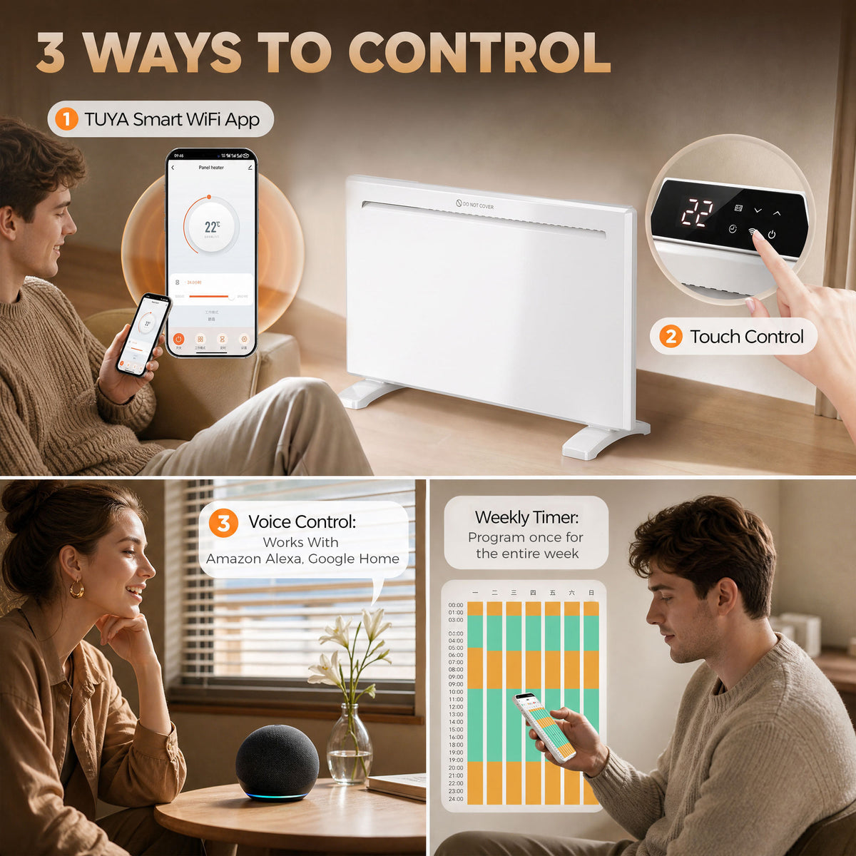HOMCOM Smart Panel Heater Wall Mounted/Freestanding, Electric Heater with Weekly Timer, Open Window & Anti-Frost, 1500W, White