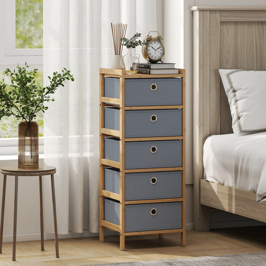 HOMCOM Chest of Drawers, 5 Fabric Drawers Narrow Dresser with Bamboo Frame, Light Grey