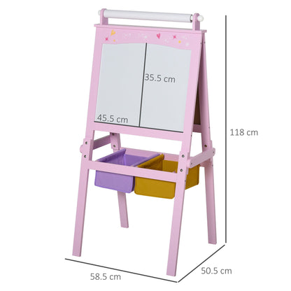 HOMCOM Kids Easel 3 w 1 Drewniana tablica artystyczna z rolką papieru, dwustronna tablica kredowa i biała z koszami do przechowywania dla małych dziewczynek, różowa