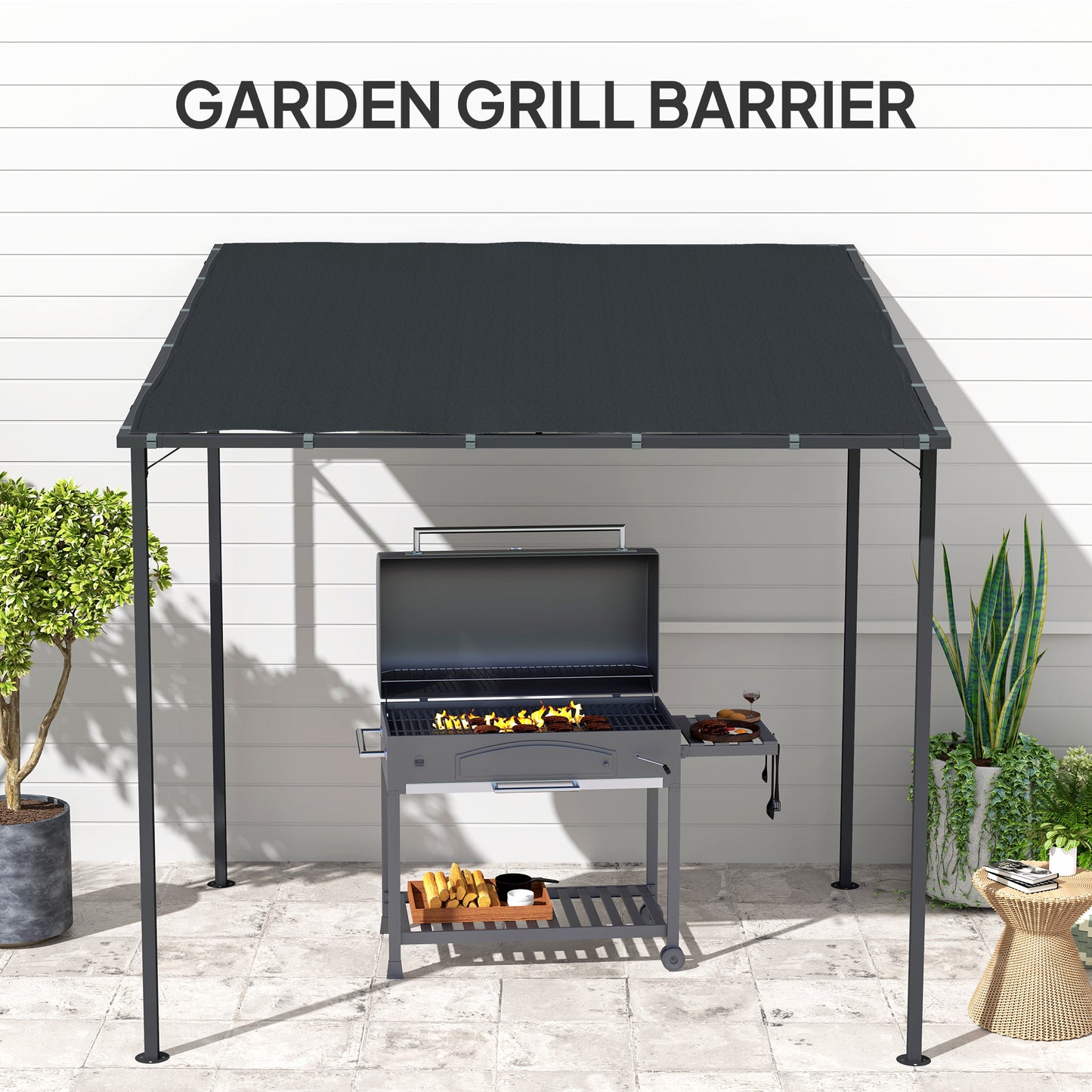 Outsunny 2,4 x 2,4 m Pergola ścienna z powłoką PA i metalową ramą, UPF30+, altana ogrodowa, wiatroodporna zewnętrzna osłona przeciwsłoneczna do ogrodu, tarasu, ciemnoszara
