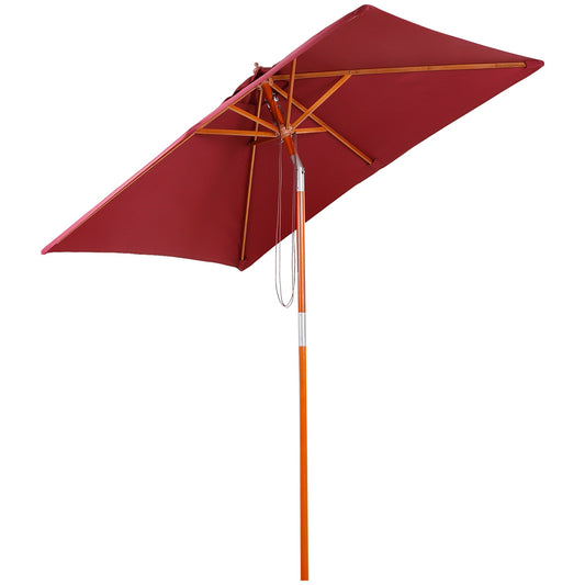 Outsunny 2m x 1.5m Parasol ogrodowy z odchylanym daszkiem przeciwsłonecznym, parasol ogrodowy na stół z drewnianą i bambusową ramą, bordowy