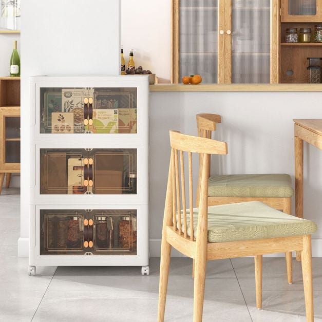 Set of 3 stackable storage boxes with lids &amp; doors, foldable, 44.5 x 30 x 77.5 cm