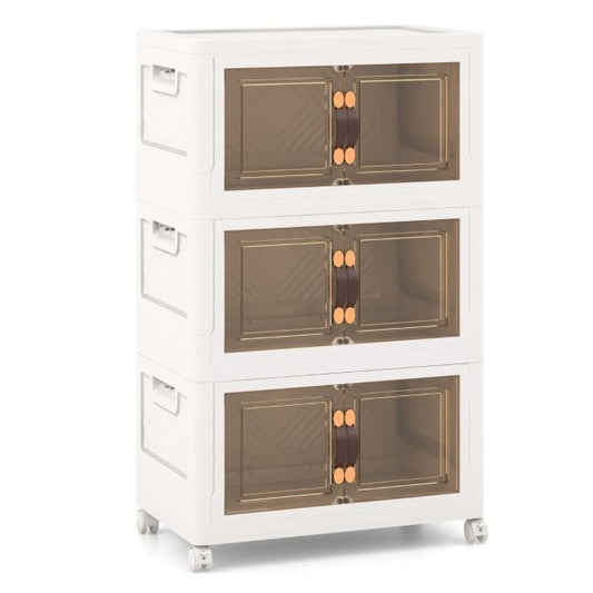 Set of 3 stackable storage boxes with lids &amp; wheels &amp; doors 49.5 x 31.5 x 86 cm