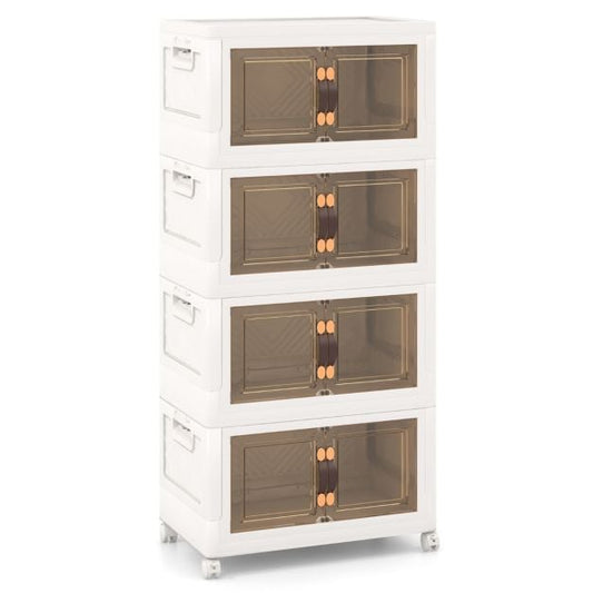Set of 4 stackable storage boxes with lids &amp; wheels &amp; doors 49.5 x 31.5 x 112.5 cm