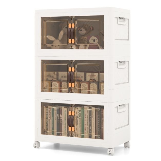 Set of 3 stackable storage boxes with lids &amp; wheels &amp; doors 49.5 x 31.5 x 86 cm