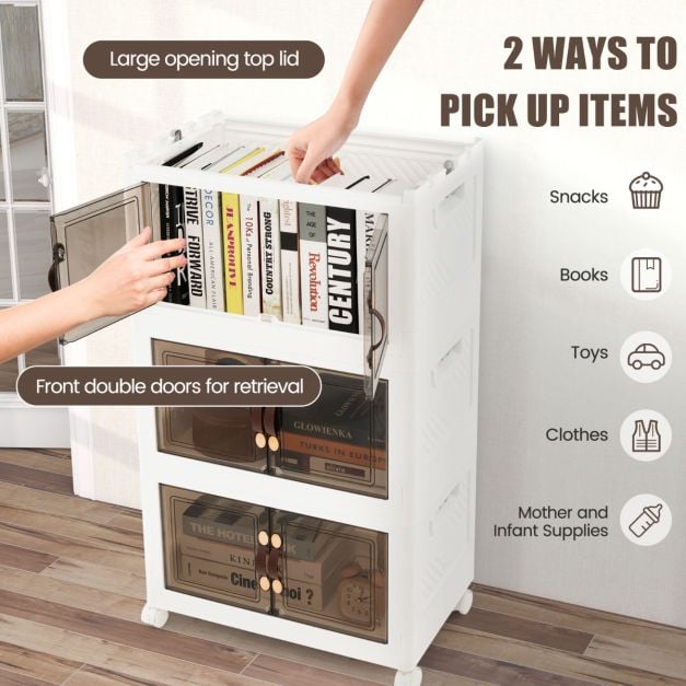 Set of 3 stackable storage boxes with lids &amp; wheels &amp; doors 49.5 x 31.5 x 86 cm