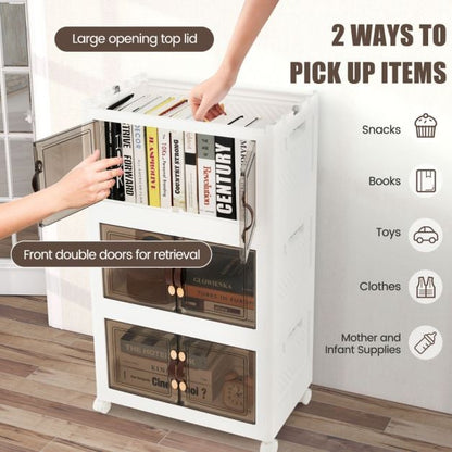 Set of 3 stackable storage boxes with lids &amp; wheels &amp; doors 49.5 x 31.5 x 86 cm