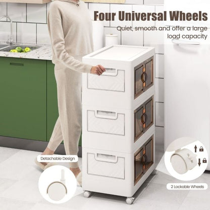 Set of 3 stackable storage boxes with lids &amp; wheels &amp; doors 49.5 x 31.5 x 86 cm