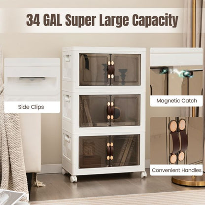 Set of 3 stackable storage boxes with lids &amp; wheels &amp; doors 49.5 x 31.5 x 86 cm