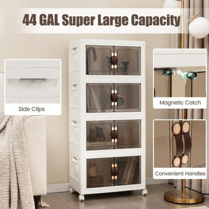 Set of 4 stackable storage boxes with lids &amp; wheels &amp; doors 49.5 x 31.5 x 112.5 cm