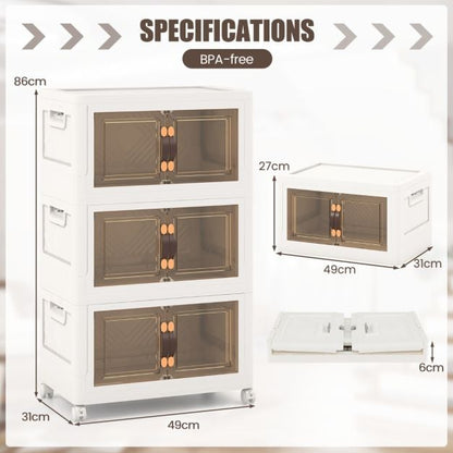 Set of 3 stackable storage boxes with lids &amp; wheels &amp; doors 49.5 x 31.5 x 86 cm