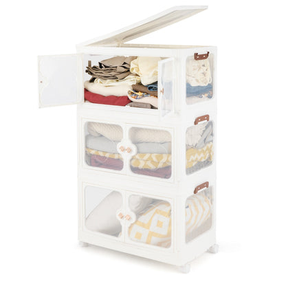 Stackable Storage Containers with Wheels and Lit-White-3-Tier