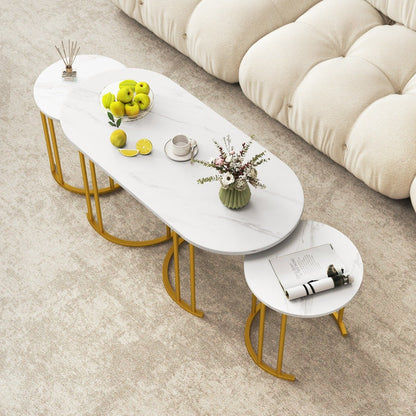 Stacking Side Tables with Faux Marble Tabletop and Powder-coated Gold Metal Frame-White