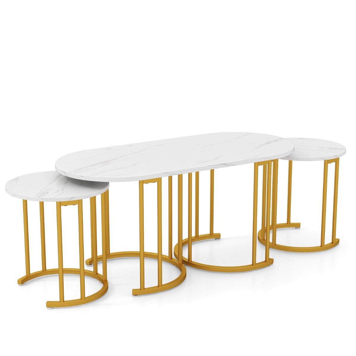 Stacking Side Tables with Faux Marble Tabletop and Powder-coated Gold Metal Frame-White
