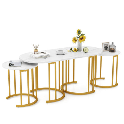 Stacking Side Tables with Faux Marble Tabletop and Powder-coated Gold Metal Frame-White