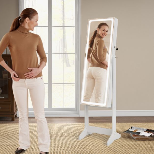 Standing Jewelry Cabinet with LED Lights Lipstick Box and 2 Drawers-White