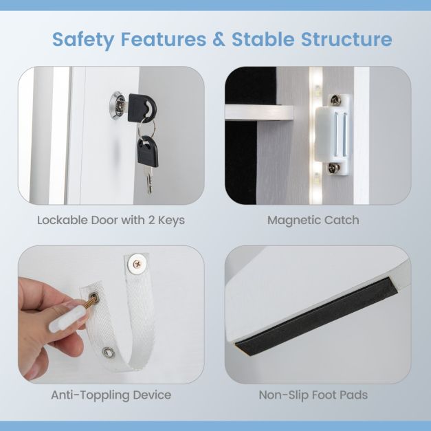 Standing Jewelry Cabinet with LED Lights Lipstick Box and 2 Drawers-White