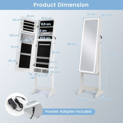 Standing Jewelry Cabinet with LED Lights Lipstick Box and 2 Drawers-White