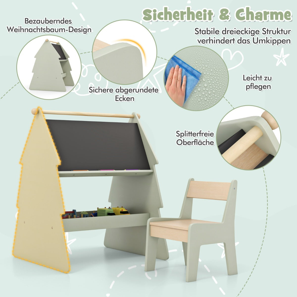 2-in-1 Double-sided Kids Art Easel with Stool and Paper Roll Holder-Green