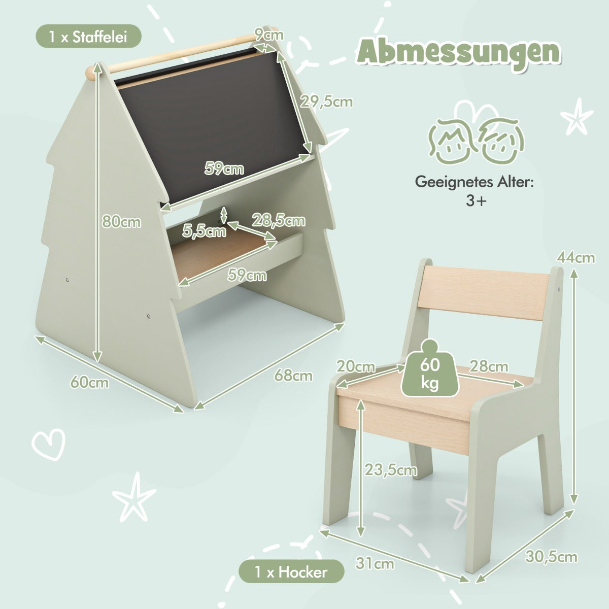 2-in-1 Double-sided Kids Art Easel with Stool and Paper Roll Holder-Green