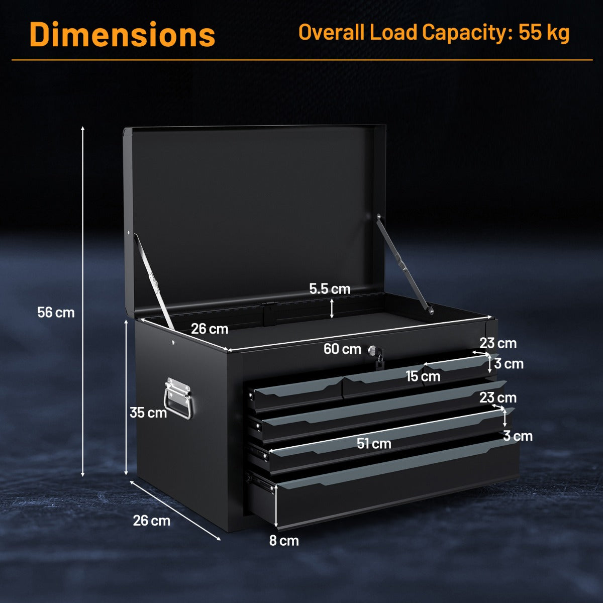 Steel Tool Box Chest Case with 6 Drawers Top Storage Automatic Lock-Black