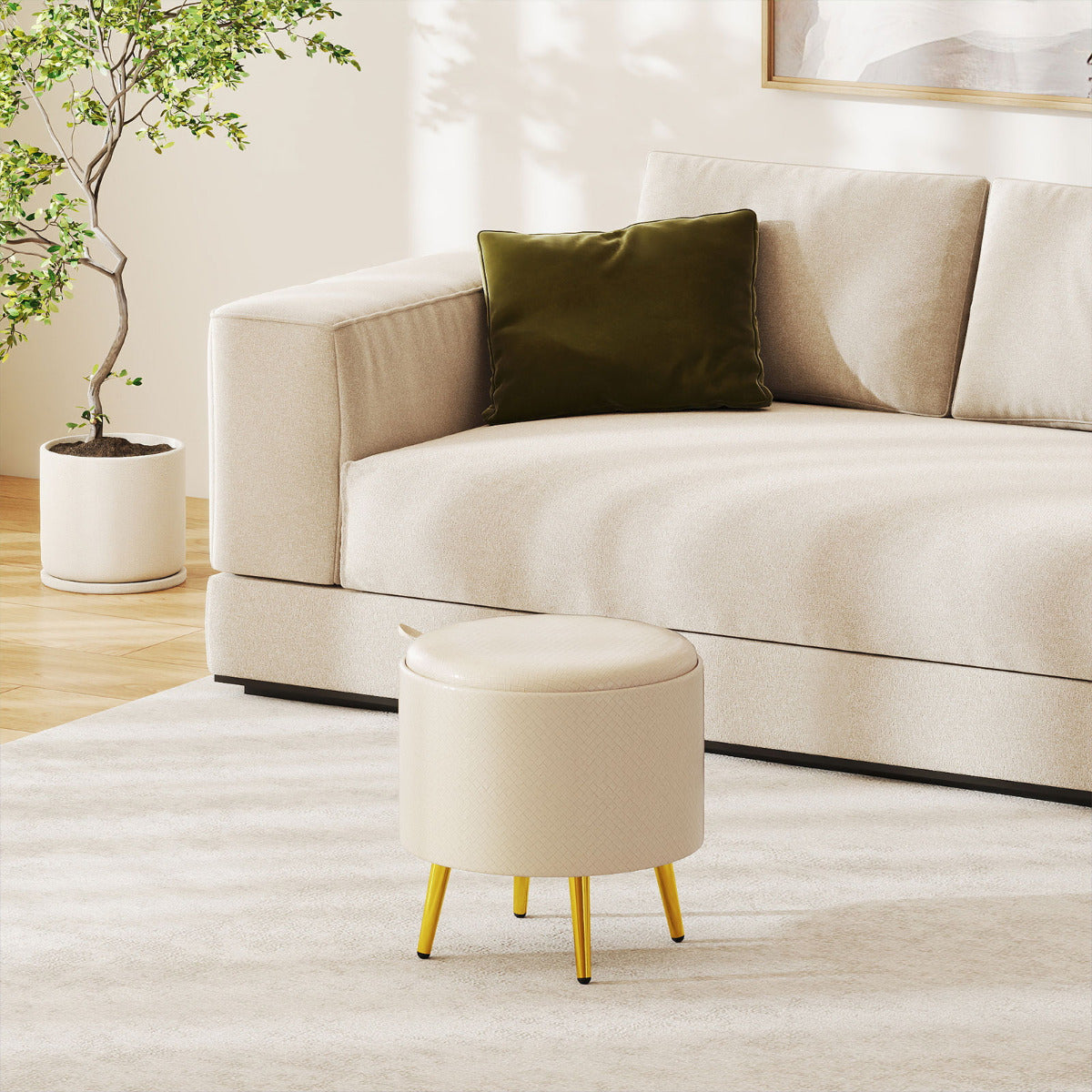 Storage Ottomans Set of 2 Leather Upholstered Round Footrests-Beige