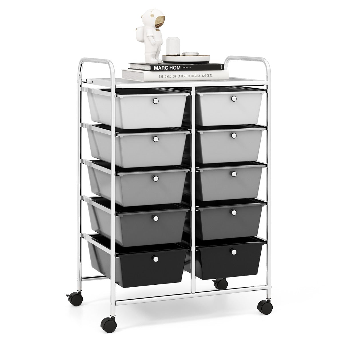Storage Rolling Cart with 10-Drawer for Tools Scrapbook Paper Organising-Black &amp;amp; Grey