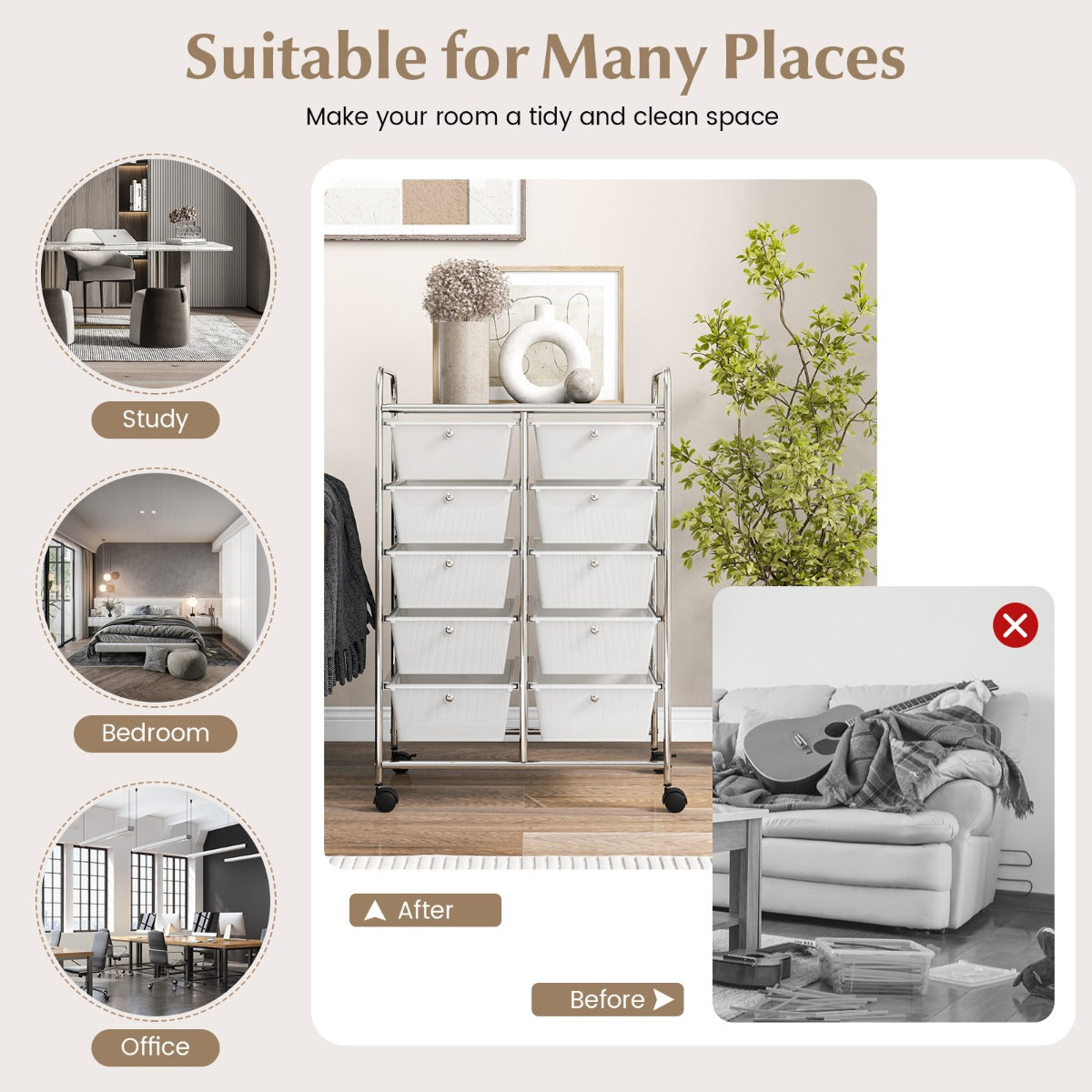 Storage Rolling Cart with 10-Drawer for Tools Scrapbook Paper Organising-Clear