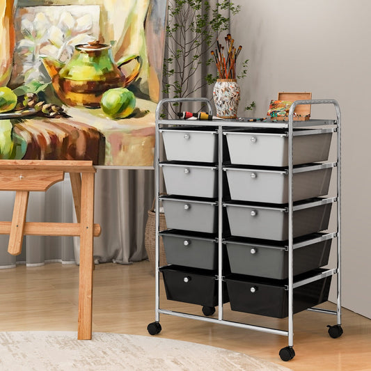Storage Rolling Cart with 10-Drawer for Tools Scrapbook Paper Organising-Black &amp;amp; Grey