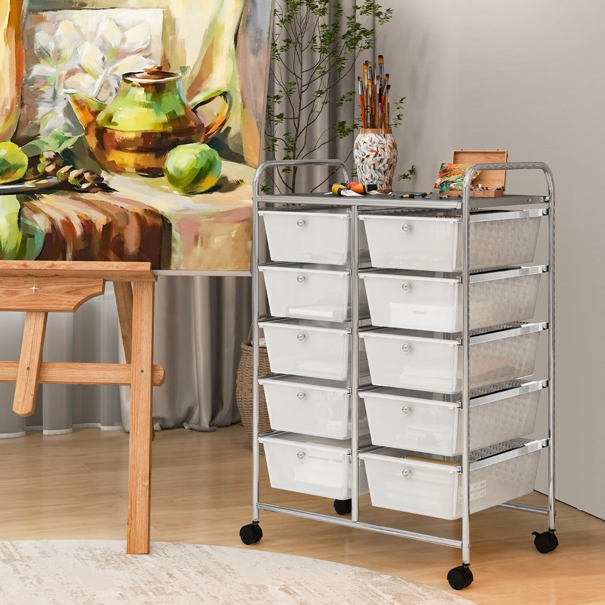 Storage Rolling Cart with 10-Drawer for Tools Scrapbook Paper Organising-Clear
