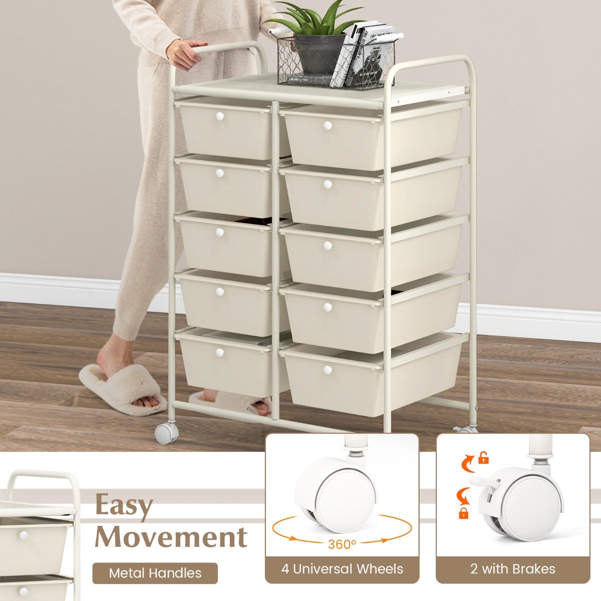 Storage Rolling Cart with 10-Drawer for Tools Scrapbook Paper Organising-White