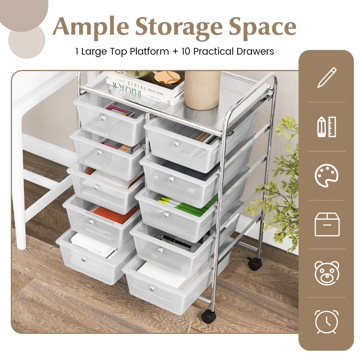 Storage Rolling Cart with 10-Drawer for Tools Scrapbook Paper Organising-Clear