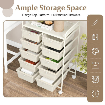 Storage Rolling Cart with 10-Drawer for Tools Scrapbook Paper Organising-White