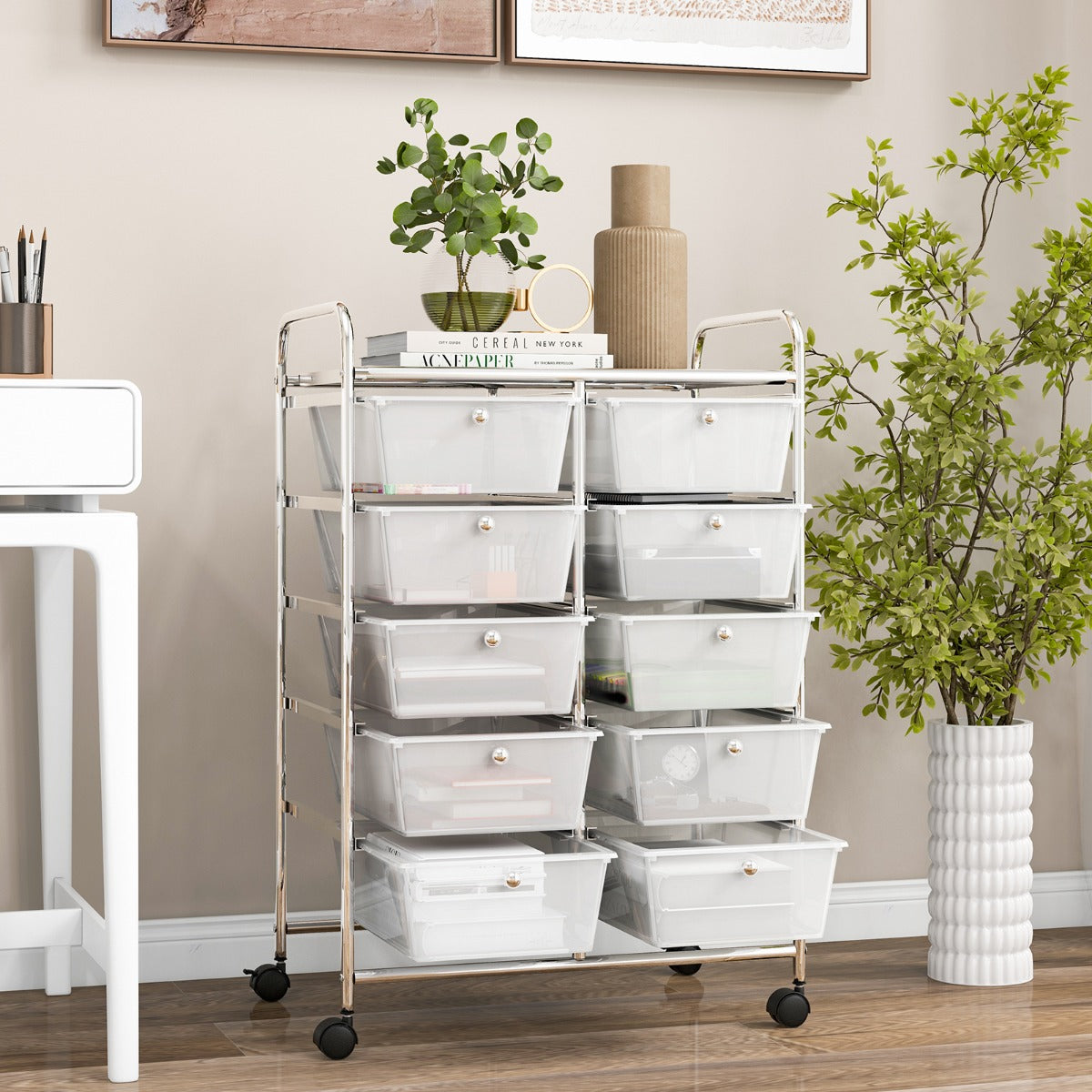 Storage Rolling Cart with 10-Drawer for Tools Scrapbook Paper Organising-Clear