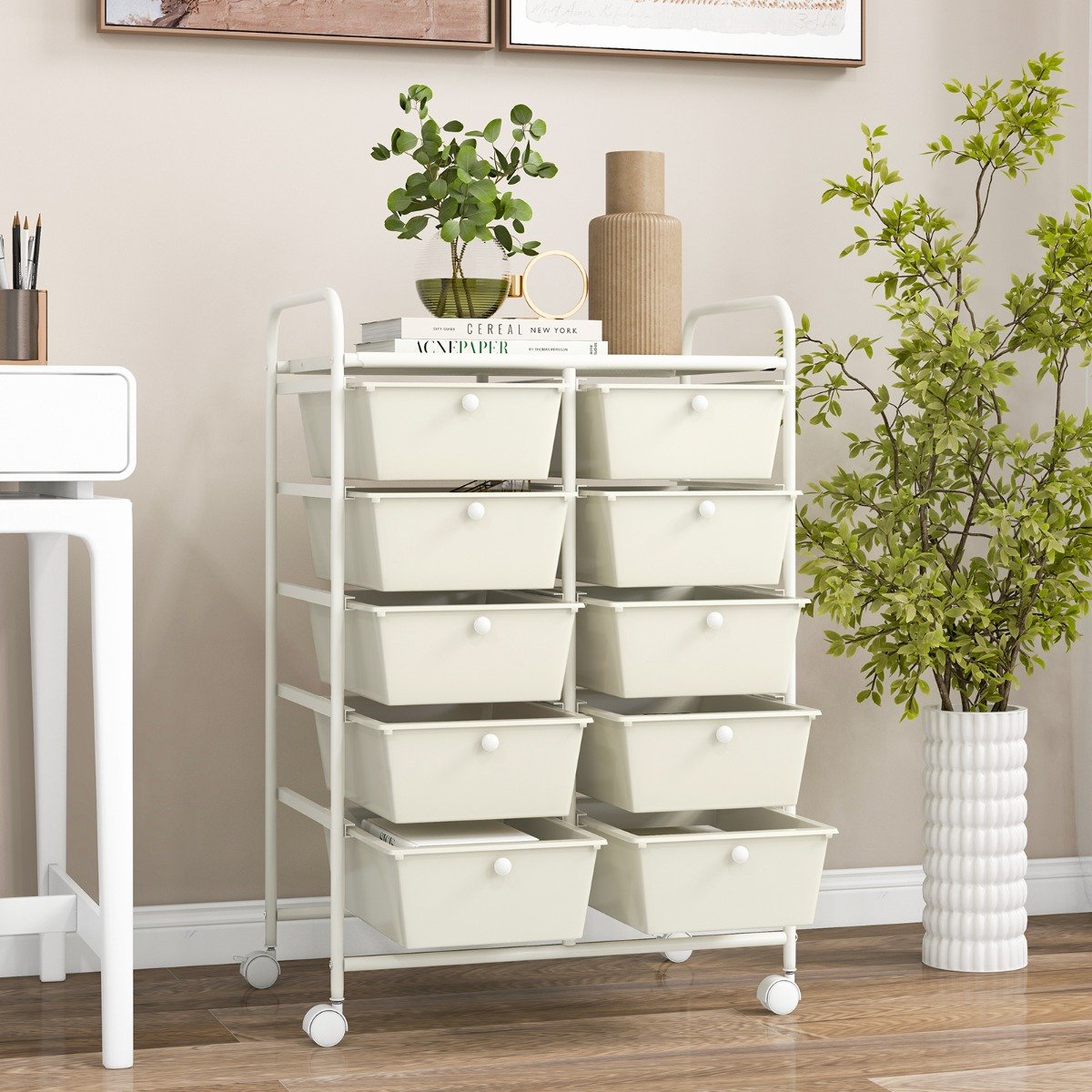 Storage Rolling Cart with 10-Drawer for Tools Scrapbook Paper Organising-White