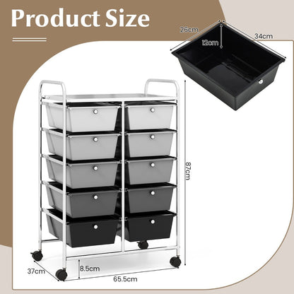 Storage Rolling Cart with 10-Drawer for Tools Scrapbook Paper Organising-Black &amp;amp; Grey