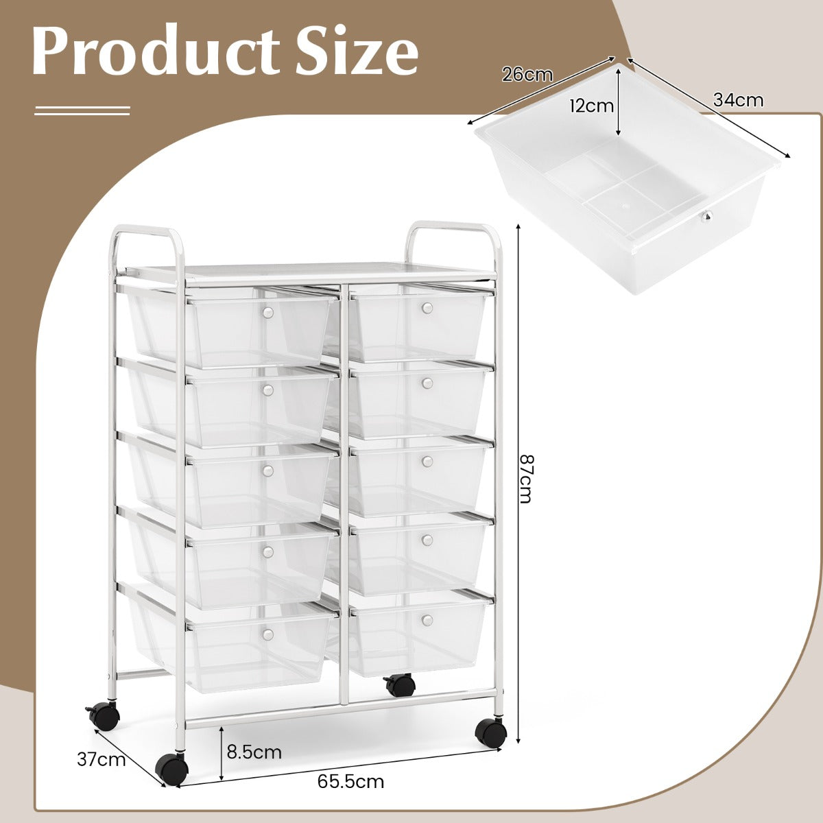 Storage Rolling Cart with 10-Drawer for Tools Scrapbook Paper Organising-Clear